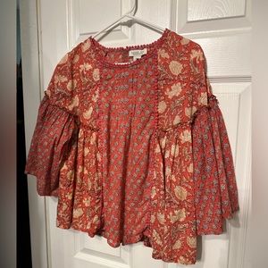 Rachel Zoe Top S Pink Floral Mixed Print 3/4 Bell Sleeve Lace Knit Trim Boho